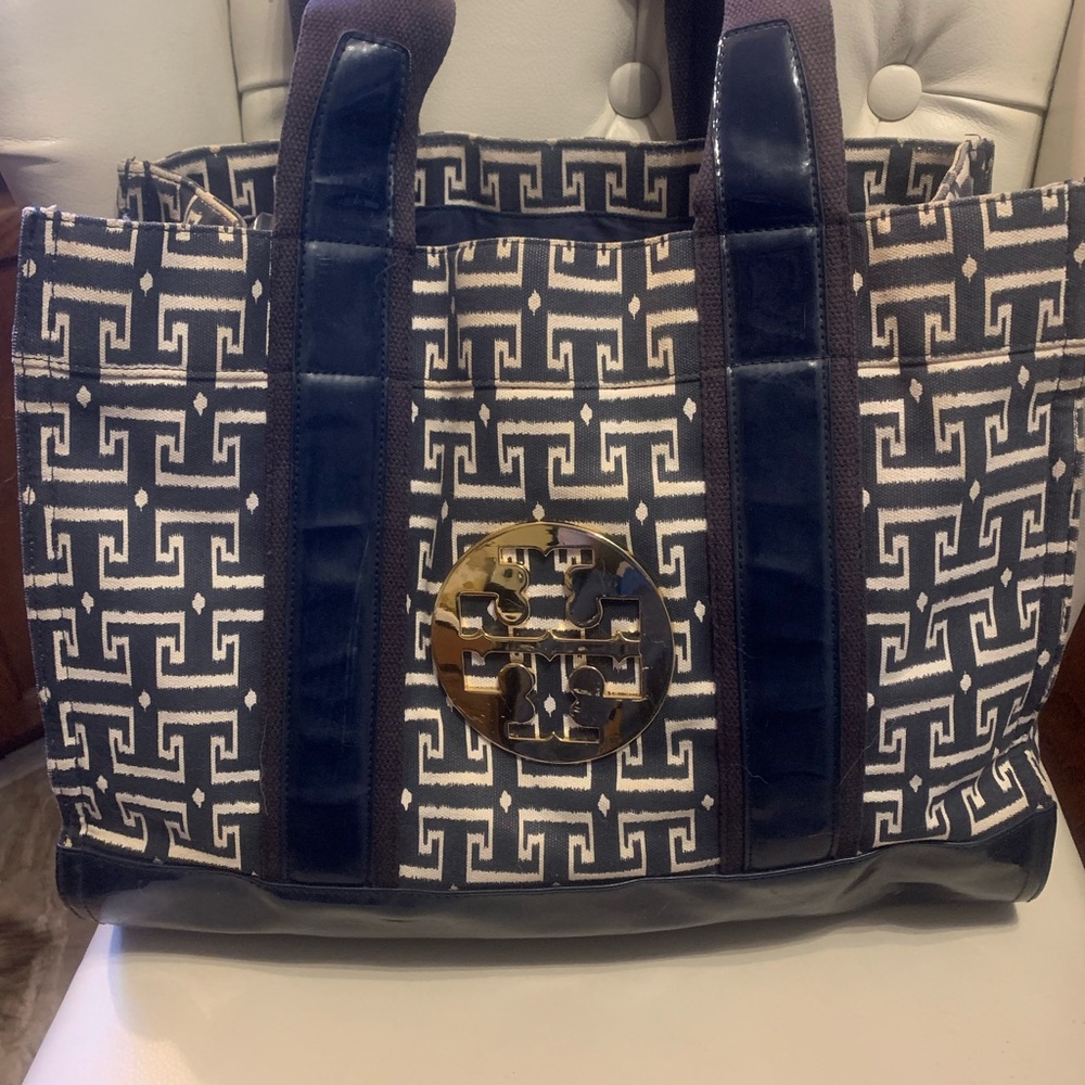 Tory Burch Navy and White Gold Tote